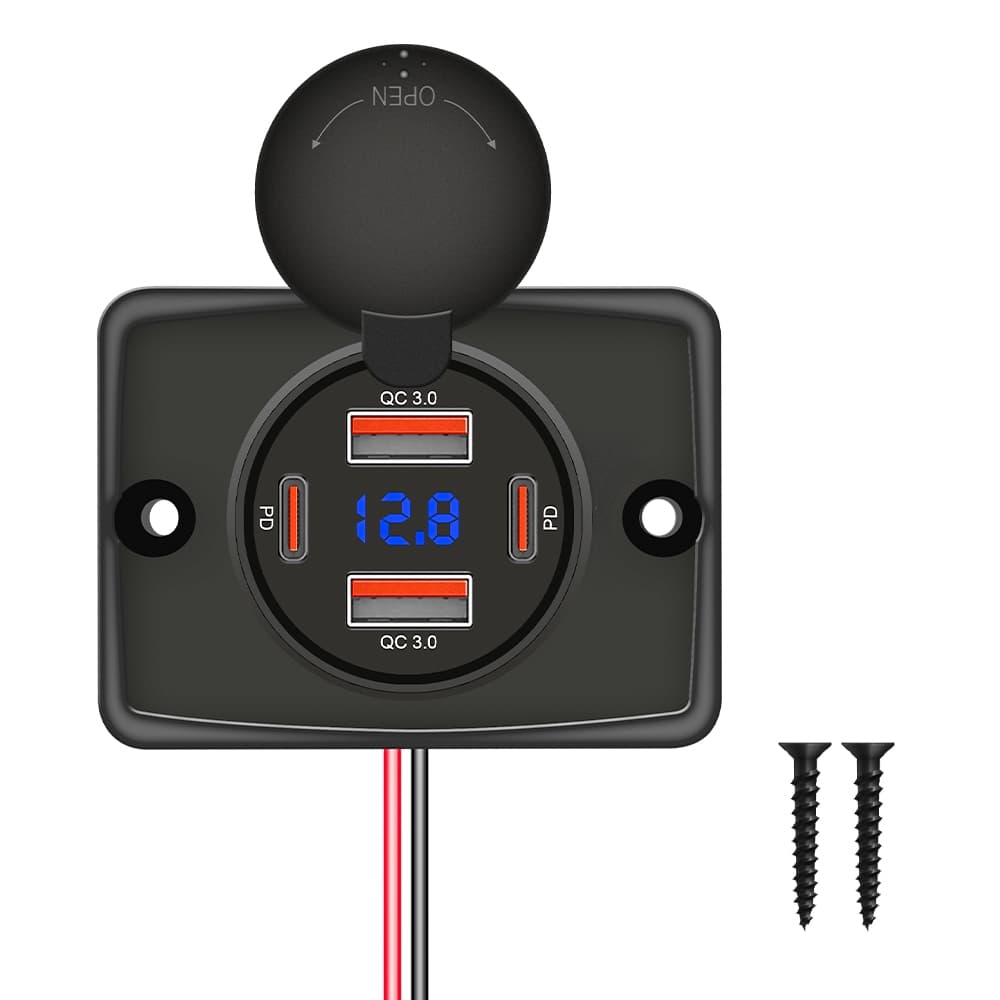 Carregador Rápido Universal Para Carro , 12V-24V , 4 Portas , USB + Tipo C PD/QC3.0 , Motocicleta , Caminhão Com Display