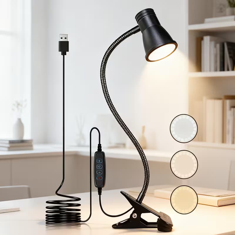 Candeeiro de Clipe LED Moderno: Flexível 360°, Pescoço Maleável, Proteção para Olhos, 3 Modos de Luz, Alimentação USB
