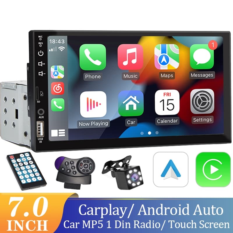 Multimídia Central Carplay Android Auto 1 Din 7 Polegadas MP5 Bluetooth USB/AUX/TF Mirrorlink Com Tela Sensível Ao Toque