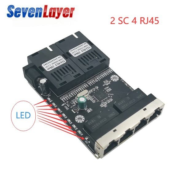 Conversor De Mídia De Interruptor Ethernet Óptico De Fibra Único Modo 4 RJ45 E 2 Portas SC 10/100M PCBA 2F4E