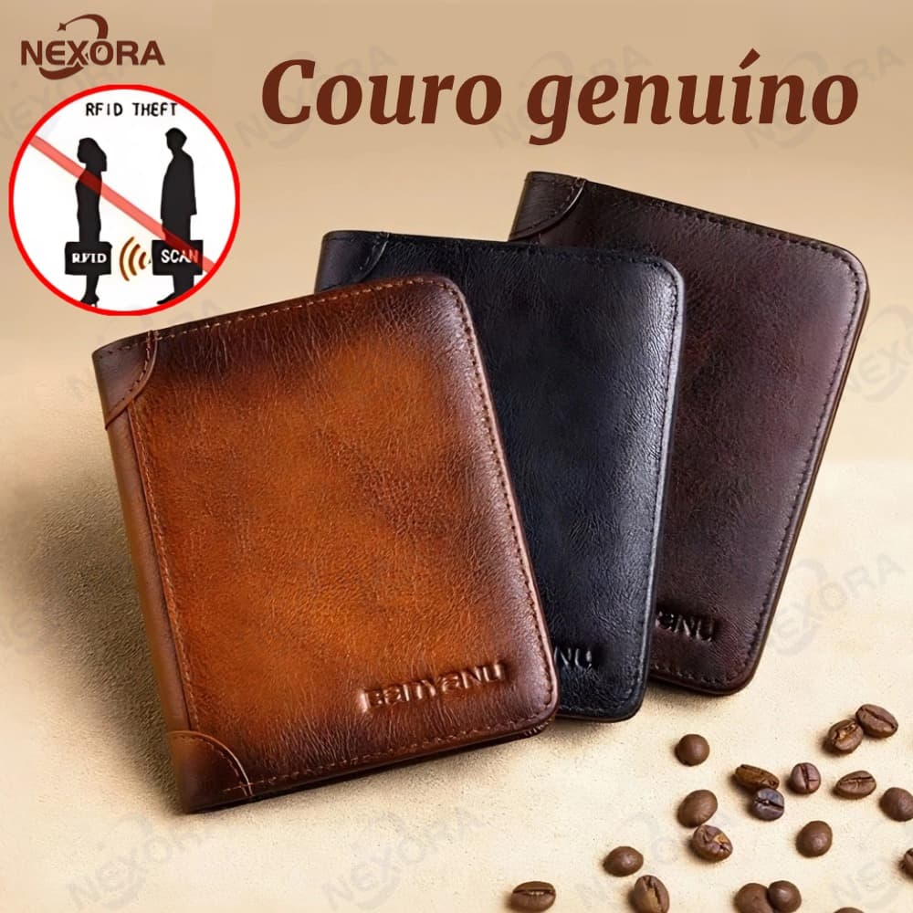 Carteira Antifurto Masculina De Couro Legítimo Vintage De Trifold E Bifold À Escolha-NEXORA