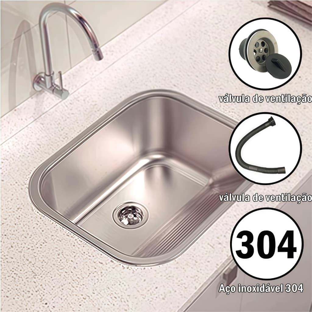 CUBA  Tanque Lavanderia  Válvula Aço 304 Inox COM Kit de esgoto e Torneira Deluxe 55/45x45*21 CM