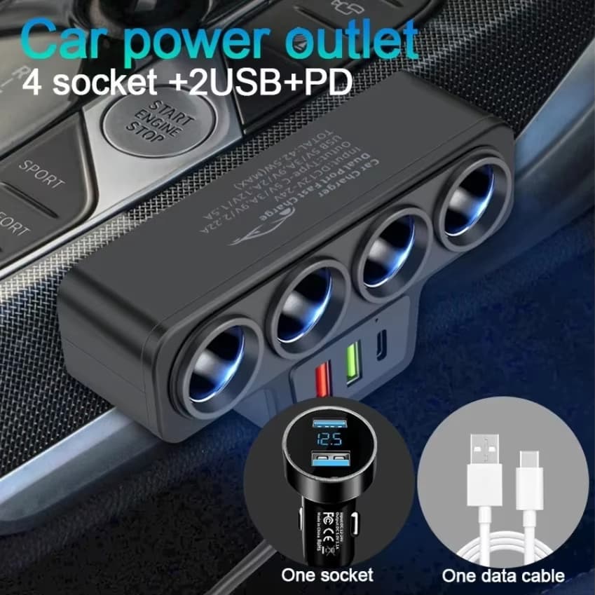 Adaptador De Carregador De Carro 12V/24V 120W 4 Em 1 3 Soquete Divisor De Isqueiro Duplo USB