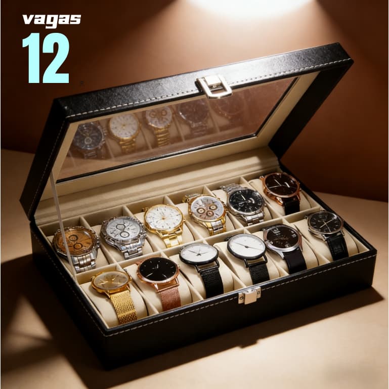 Estojo Porta Relógio Maleta 12 Nichos Couro Sintético Organizador de Joias Óculos e Bijuterias