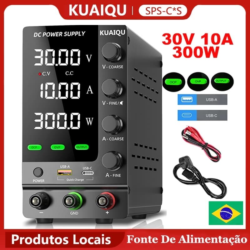 【Envio Rápido】Fonte De Alimentação de Bancada Digital KUAIQU 30V 10A 300W OCP OVP Saída Codificador 18W USB-A Type-C
