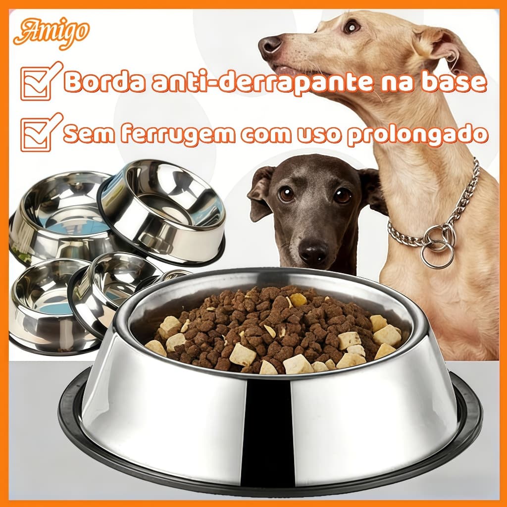 Comedouro Inox Para Câes E Gatos - Pote Comida Ração Água Vasilha Inox Antiderrapante Borda anti-derrapante