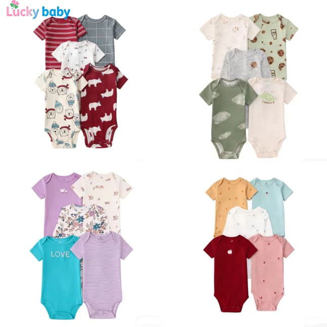 🔥 Lucky Baby Conjunto 5 Bodies Bebê Menino e Menina 6–24 Meses Manga Curta – Estampas Fofas, Confortável e Indispensável