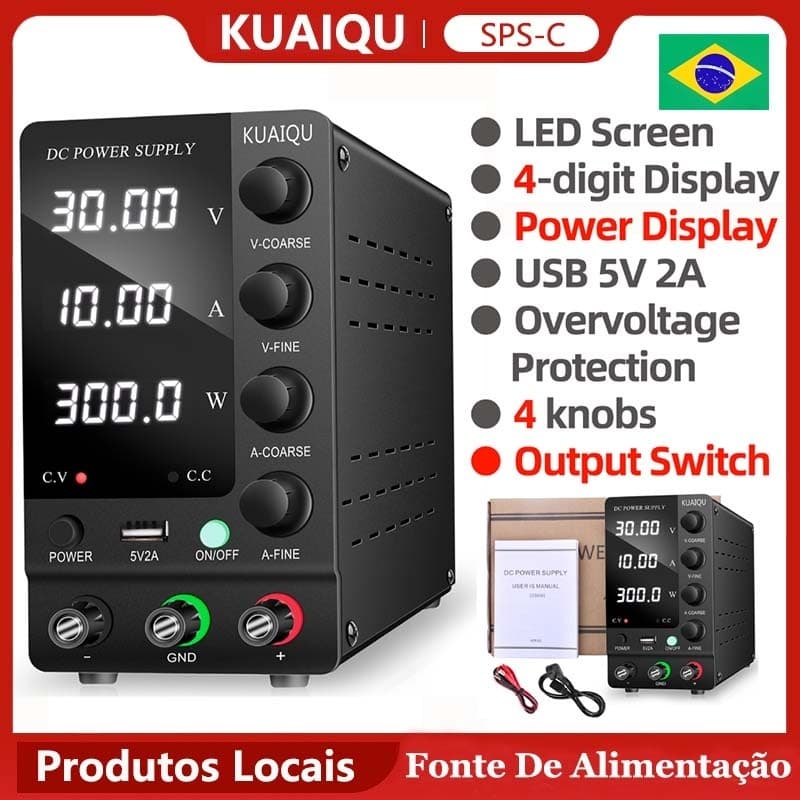 Fonte De Alimentação Estabilizada Kuaiqu 30V 10A DC Para Bancada De Laboratório , interface USB , Ajustável Com Quatro