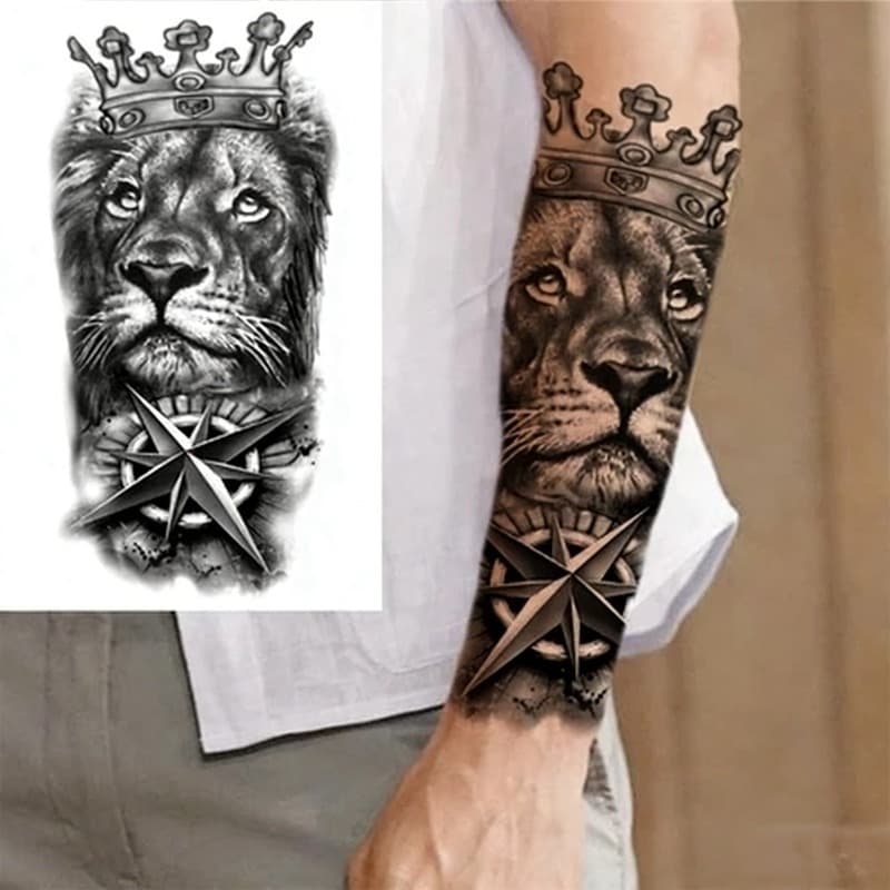 KIT 2 Tatuagens Temporárias Realistas Da Coroa Do Leão Compasso Para Homens Tatuagem Falsa Arte Corporal À Prova D'água