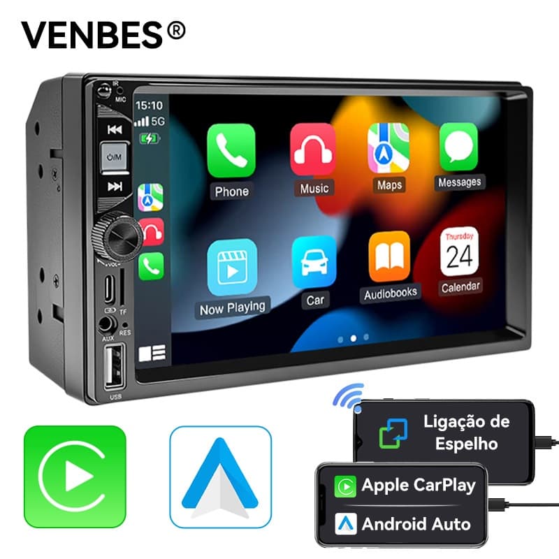 VENBES Central Multimídia Mp5 2 Din Carplay Android Auto Tela 7" Bluetooth e câmera de ré FM AUX USB