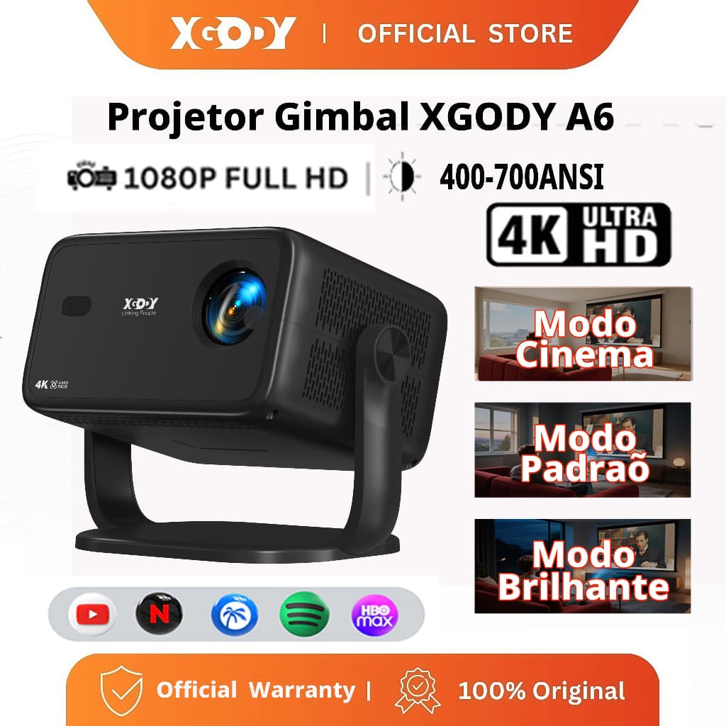 Projetor XGODY Gimbal A6 4K - Foco Automático Evita Obstáculos, Android 11.0, Alto-Falante Integrado, 700 ANSI Lumens