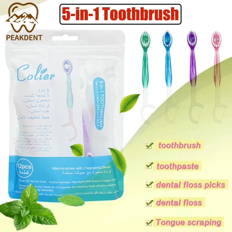 Kit Dental Portátil De Viagem 5 Em 1 De 12 Peças | Mini Escovas De Dente Descartáveis Sem Enxágue , Pasta , Raspadores D