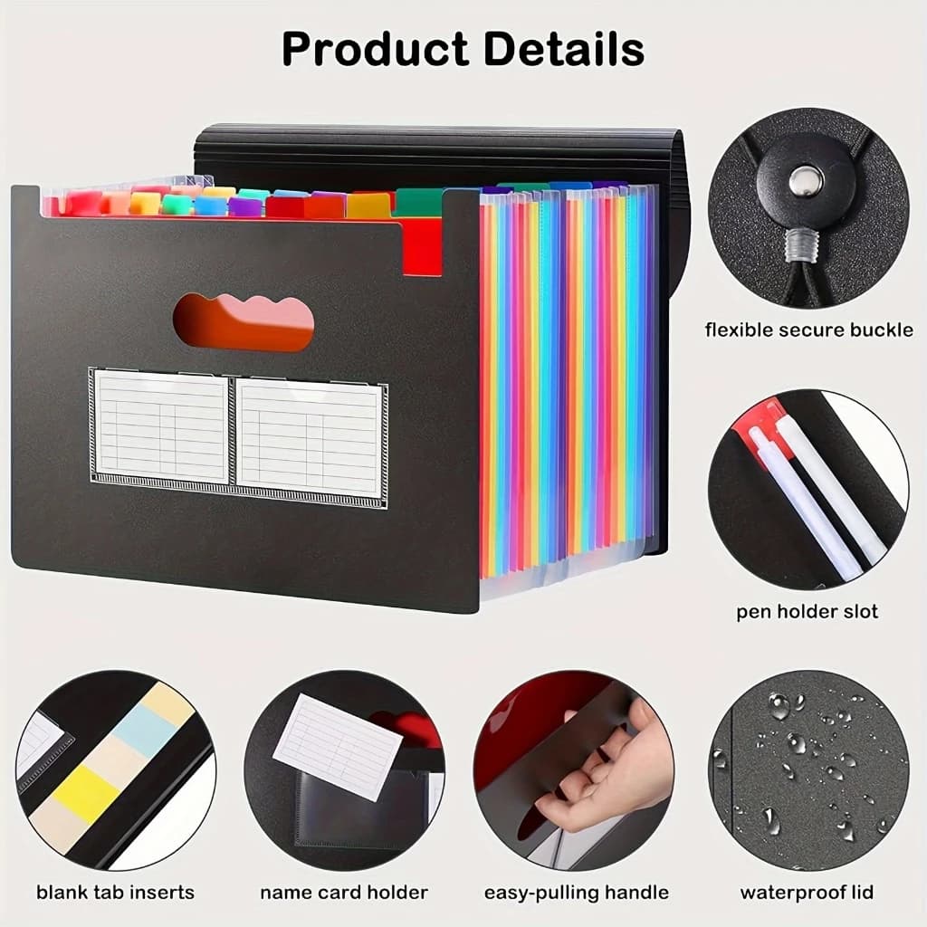Pasta De Arquivo Expansível Dobrável Preta 25 Bolsos Com Abas Coloridas Para A4 E Le