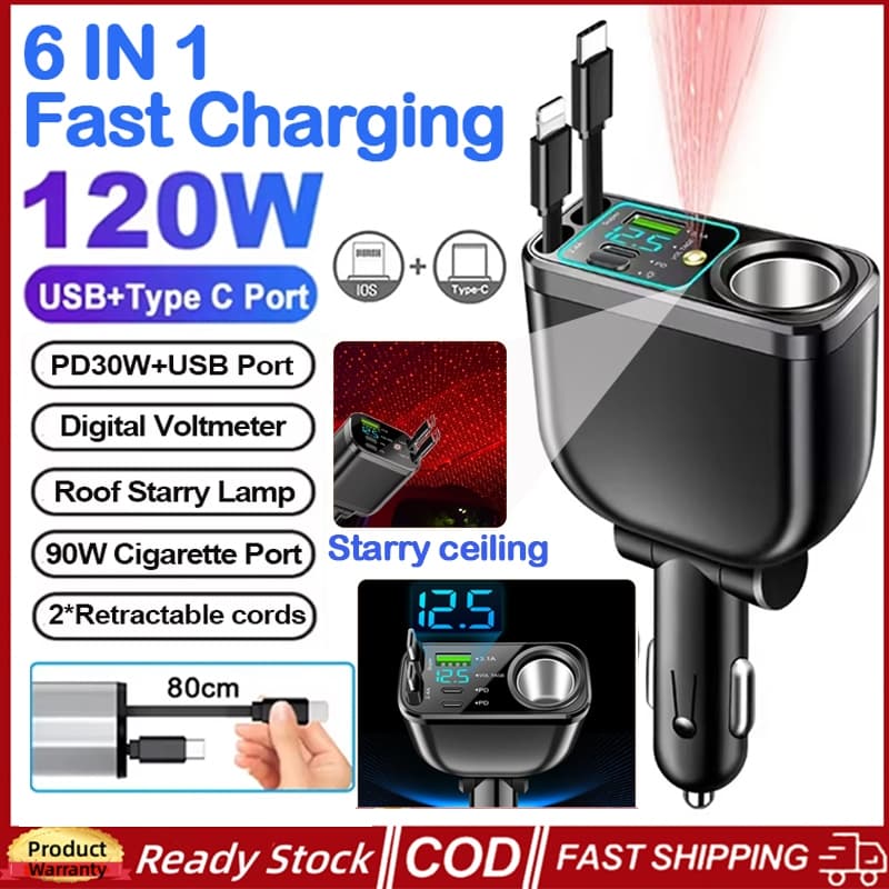 M15 120W 5 Em 1 Carregador De Carro Retrátil Com Luz Noturna Estrelada Cabo USB C De Carga Rápida Adaptador De Isqueiro 