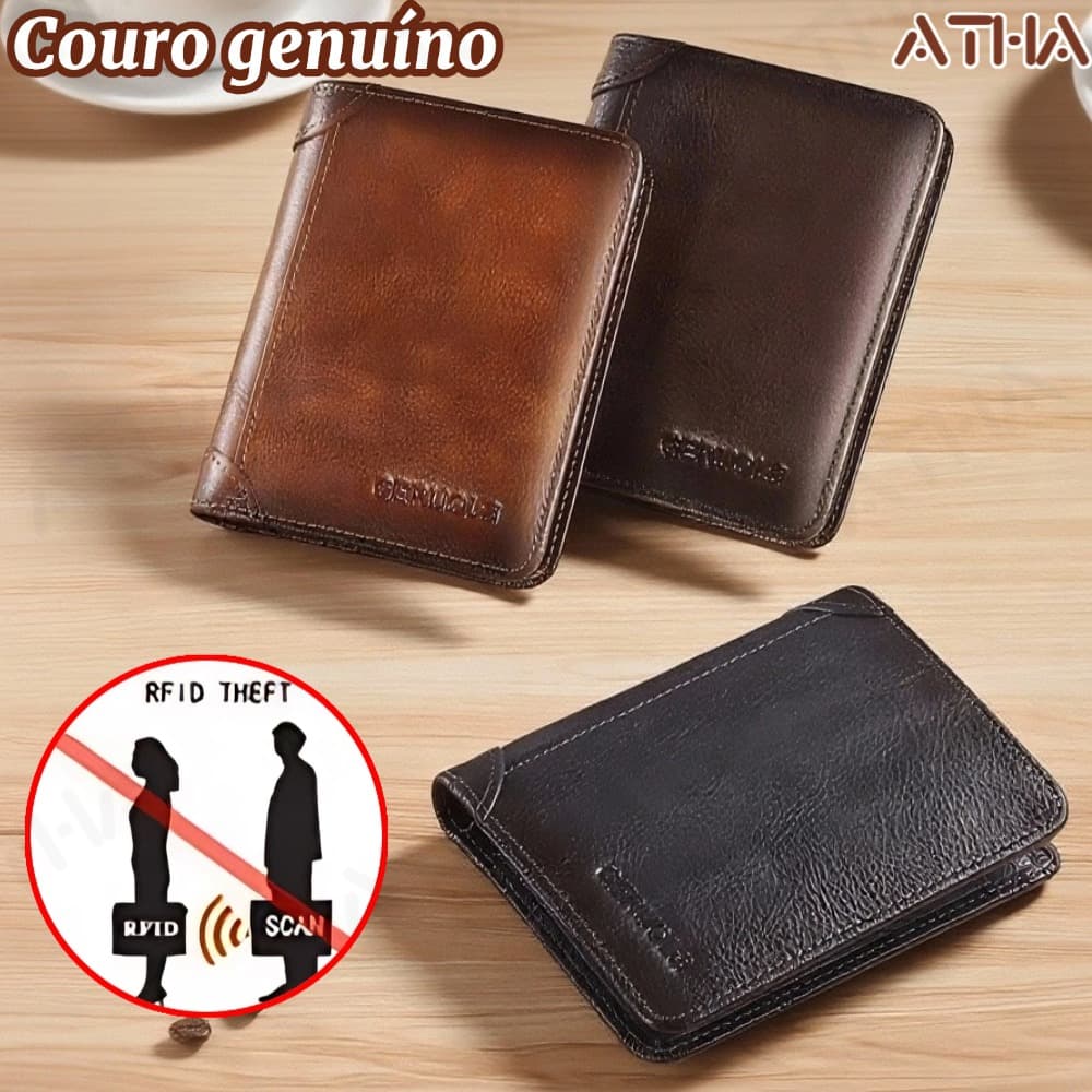 Carteira Antifurto Masculina De Couro Legítimo Vintage De Trifold E Bifold À Escolha - ATHA