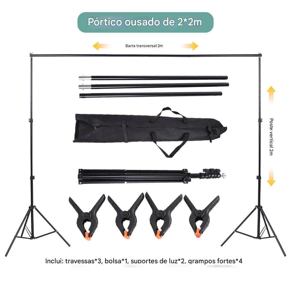 Suporte de fundo infinito 2*2m + 4 clipes fortes + 3 barras transversais + 2 suportes de luz + 1 bolsa