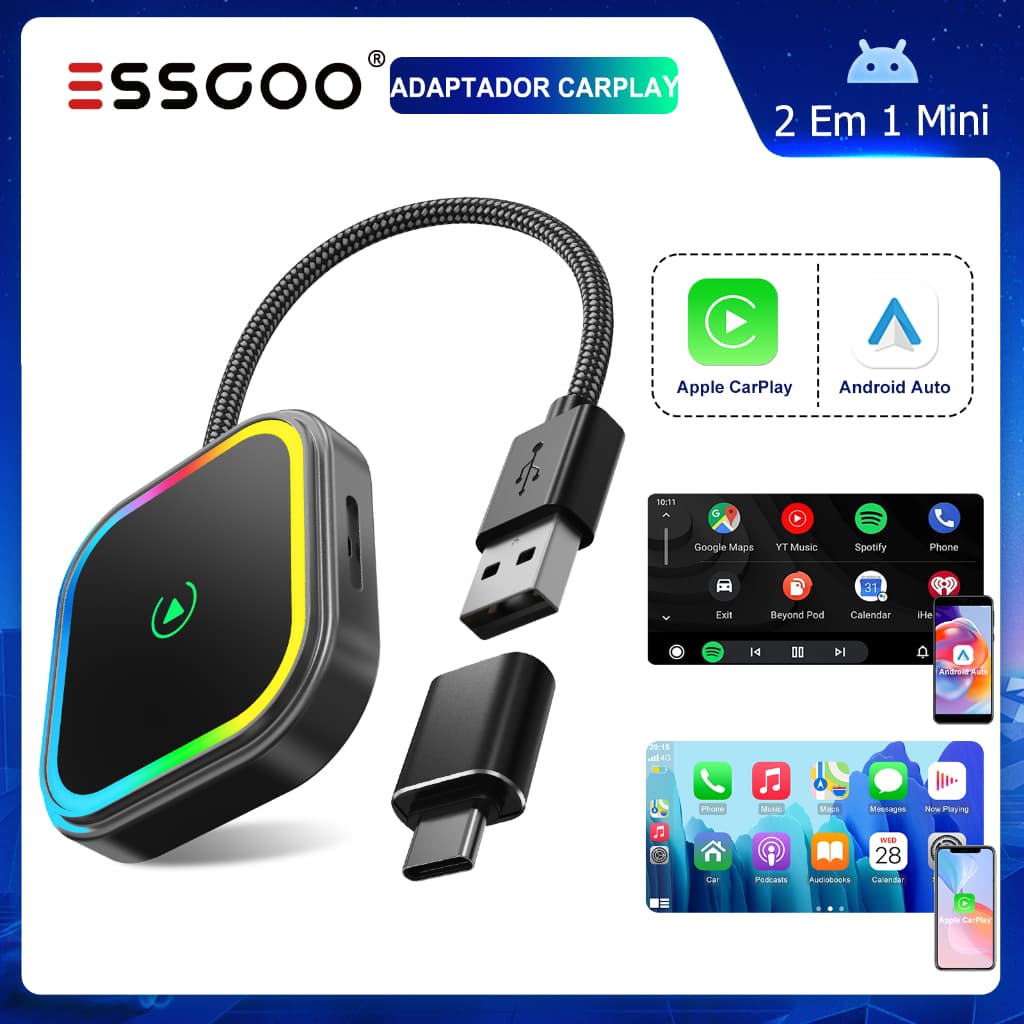 ESSGOO PL8 Conversor De Adaptador Automático CarPlay/Android Sem Fio 2 Em 1 USB-A/Tipo C Portas Duplas