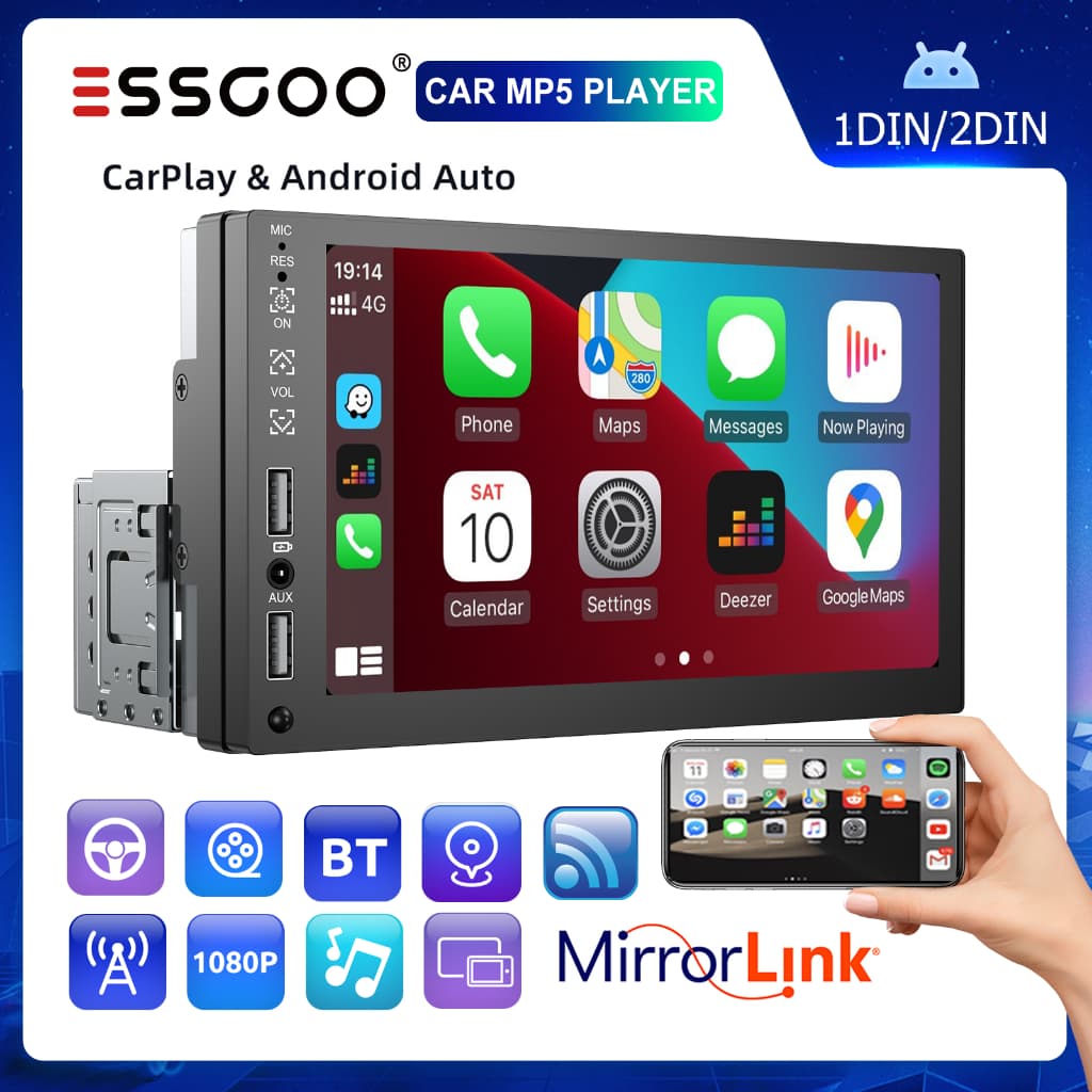 ESSGOO 1 Din Bluetooth Rádio Para Carro 7 Polegadas Mirror Link carplay Multimidia MP5 Reprodutor De Vídeo