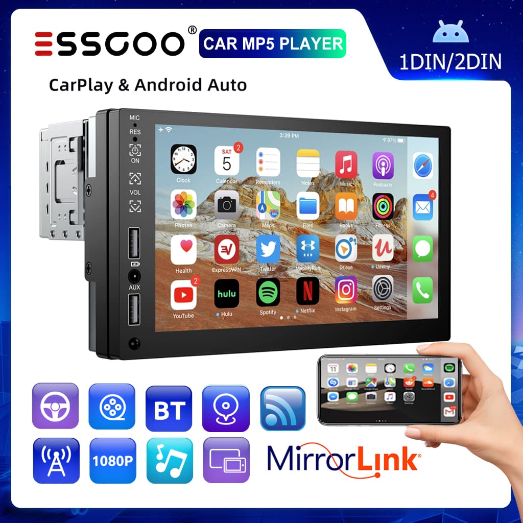 ESSGOO 1 Din carplay Bluetooth Rádio Para Carro 7 Polegadas Mirror Link Multimidia MP5 Reprodutor De Vídeo