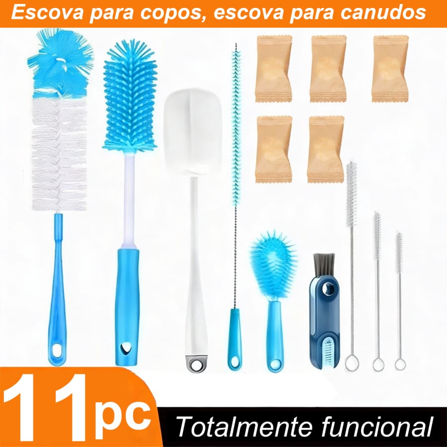 Kit 9 escovas multifuncionais de limpeza, incluindo escova de cabo longo, escova para canudos e escova para copos