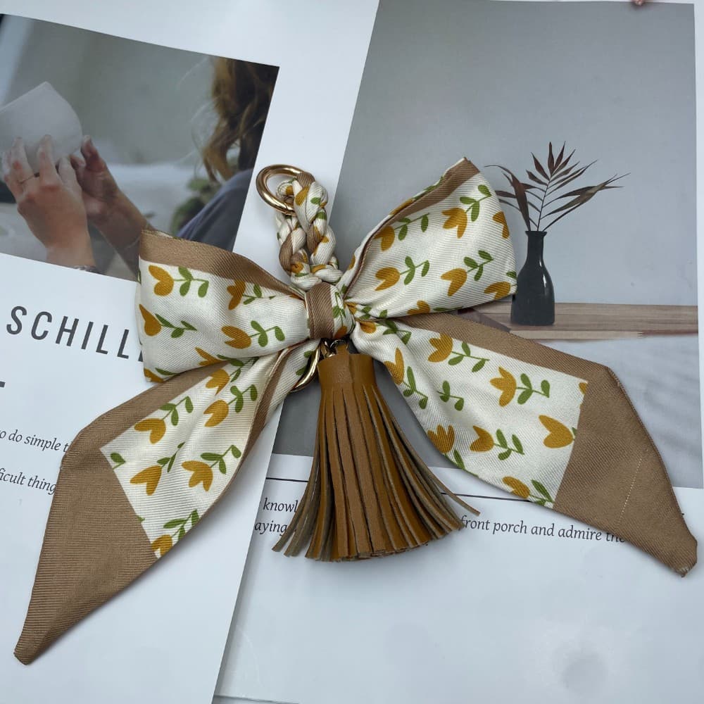 Acessórios para bolsas, lenço de seda com laço, design de franjas, padrão de impressão, lenço de seda, bolsa feminina, l
