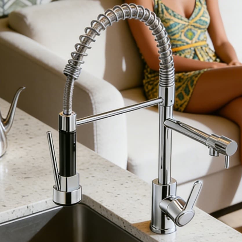 Torneira De Cozinha Gourmet Alça Única Com Extensor De Spray Tubo De Água Flexível Superior Prateado Para Ajuste