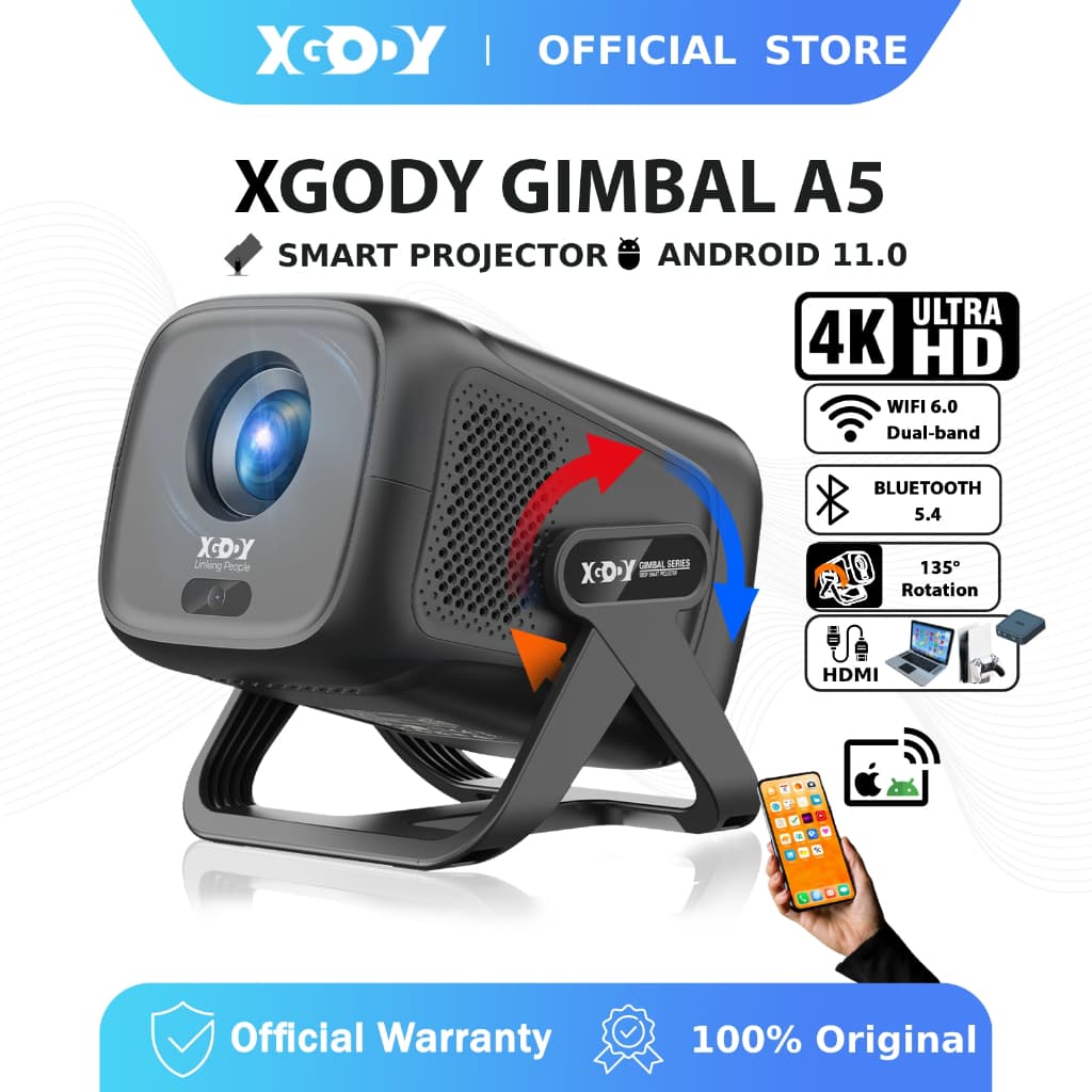 Projetor XGODY Gimbal A5 Para Telefone 4K Ultra HD 1080P TV 450ANSI Integrado YouTube/Netflix Android 11