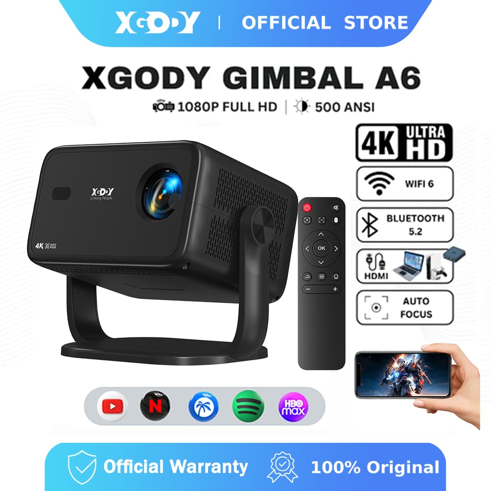 Projetor XGODY Gimbal A6 Foco Automático Nativo 1080P Suporte 4K Ultra HD 500ANSI 180 ° Android Giratório 11