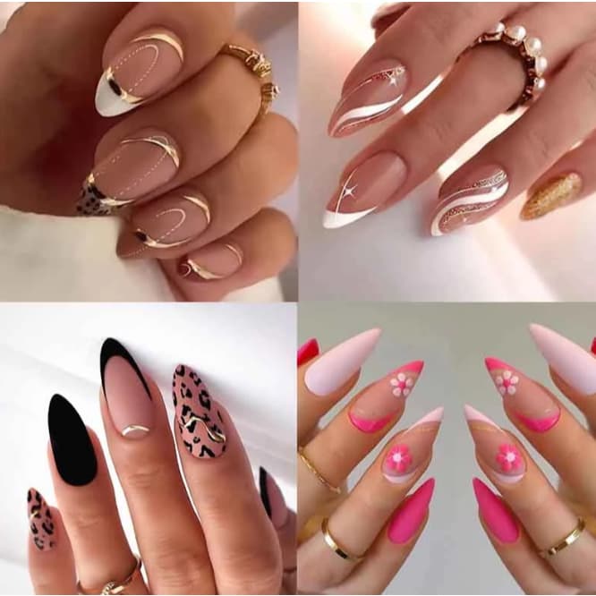 unha postiça decorada realista amendoada media com cola pregos falsos de pontiagudas francesinha