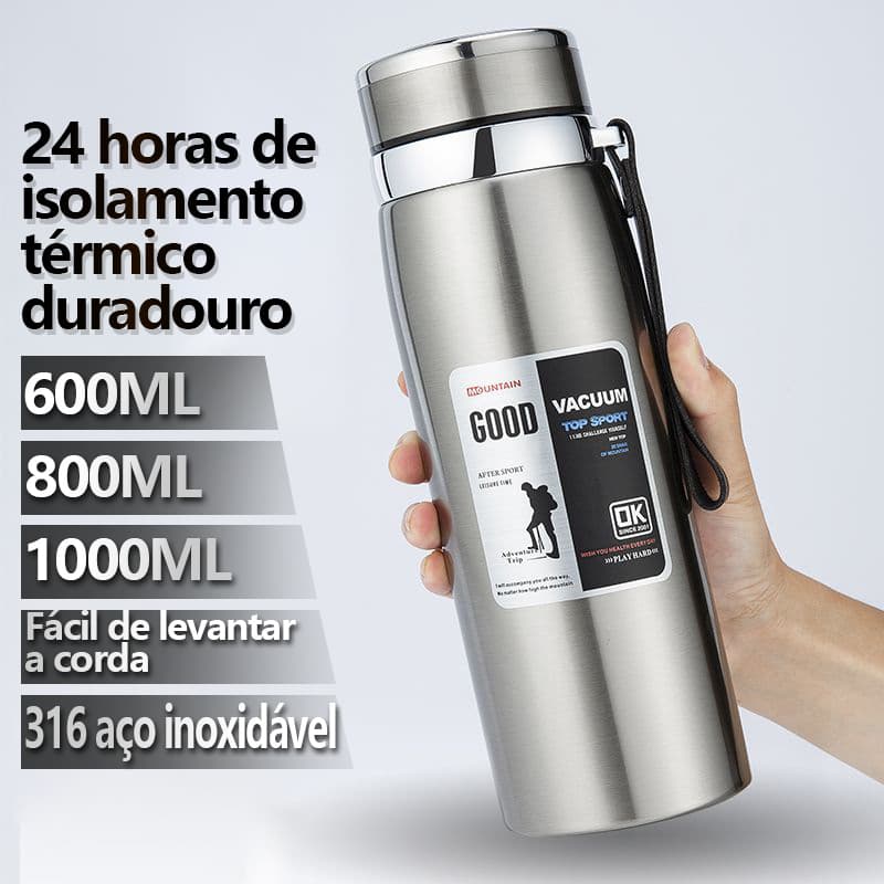 Garrafa 1000ML Inox Térmica Com Infusor Prata De Água Café Parede Dupla Com Alça