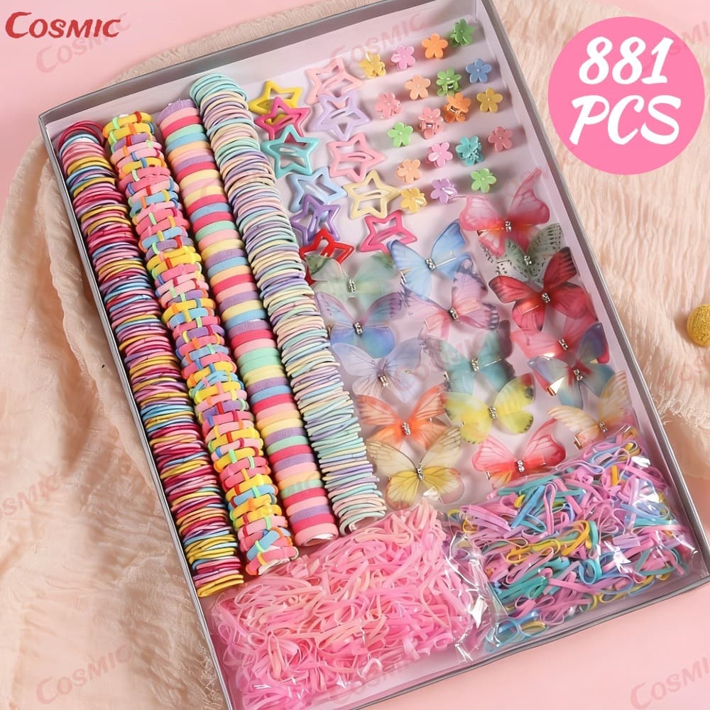 Kit de Acessórios para Cabelo Infantil 881 Peças | Elastas + Presilhas Coloridas,Presente, Spree, Conjunto-CO