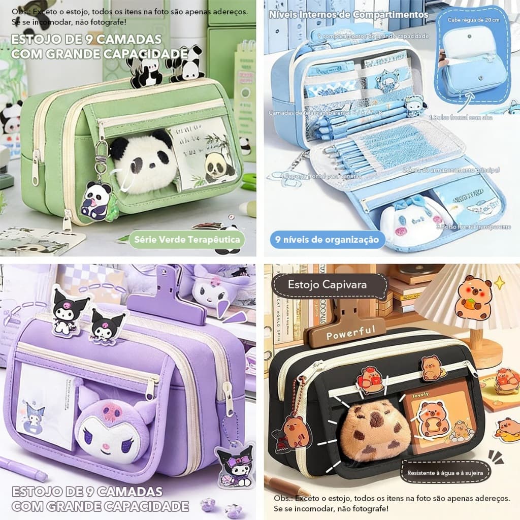 Estojo de Lápis Transparente Capivara Kuromi Grande Capacidade com Zíper Impermeável Caixa de Armazenamento de Material