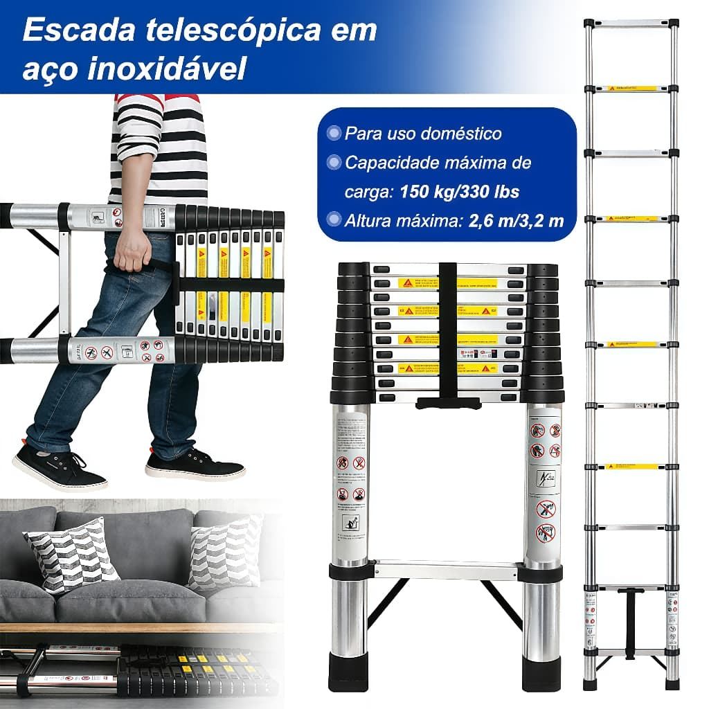 Escada Telescópica 2.6m/3.2m Aço Inoxidável para Casa e Pequenos Negócios