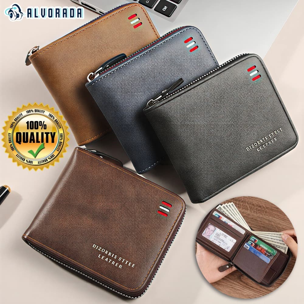 Carteira Curta Masculina , Bolsa De Mão Empresarial De Couro PU De Cor Sólida , Porta-Cartões Com Zíper De Grand-alv