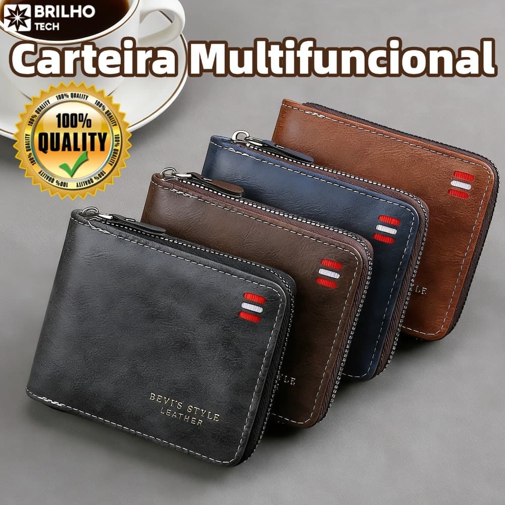 Carteira Curta Masculina , Bolsa De Mão Empresarial De Couro PU De Cor Sólida , Porta-Cartões Com Zíper De Grand-bri