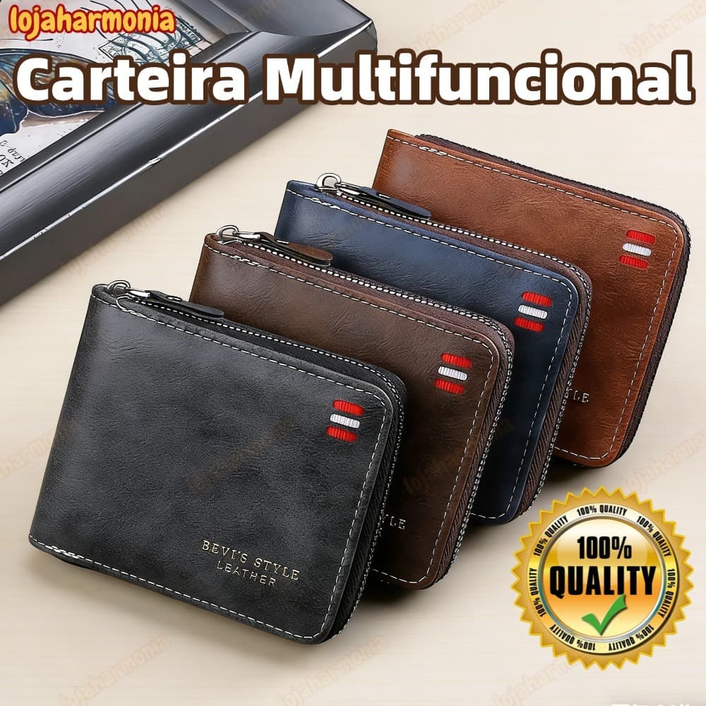 Carteira Curta Masculina , Bolsa De Mão Empresarial De Couro PU De Cor Sólida , Porta-Cartões Com Zíper De Grand-loj