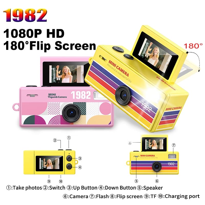 Mini Câmera Com Tela Flip De Tamanho Polegar , Digital Retrô Portátil 1080P HD , Pequena Filmadora De Bolso 180 °