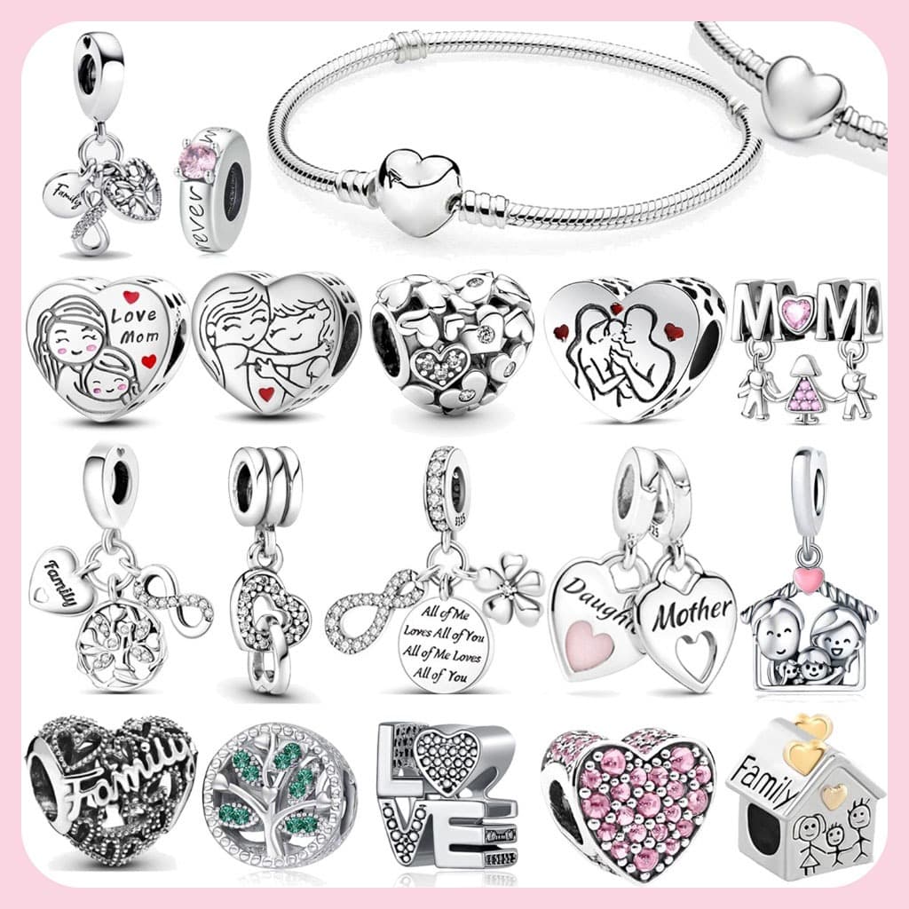 Pulseira Coração Corrente Berloque Prata 925 Encantos Rosa MOM Charme Inicial Pingente De Amor Pulseiras Jóias DIY