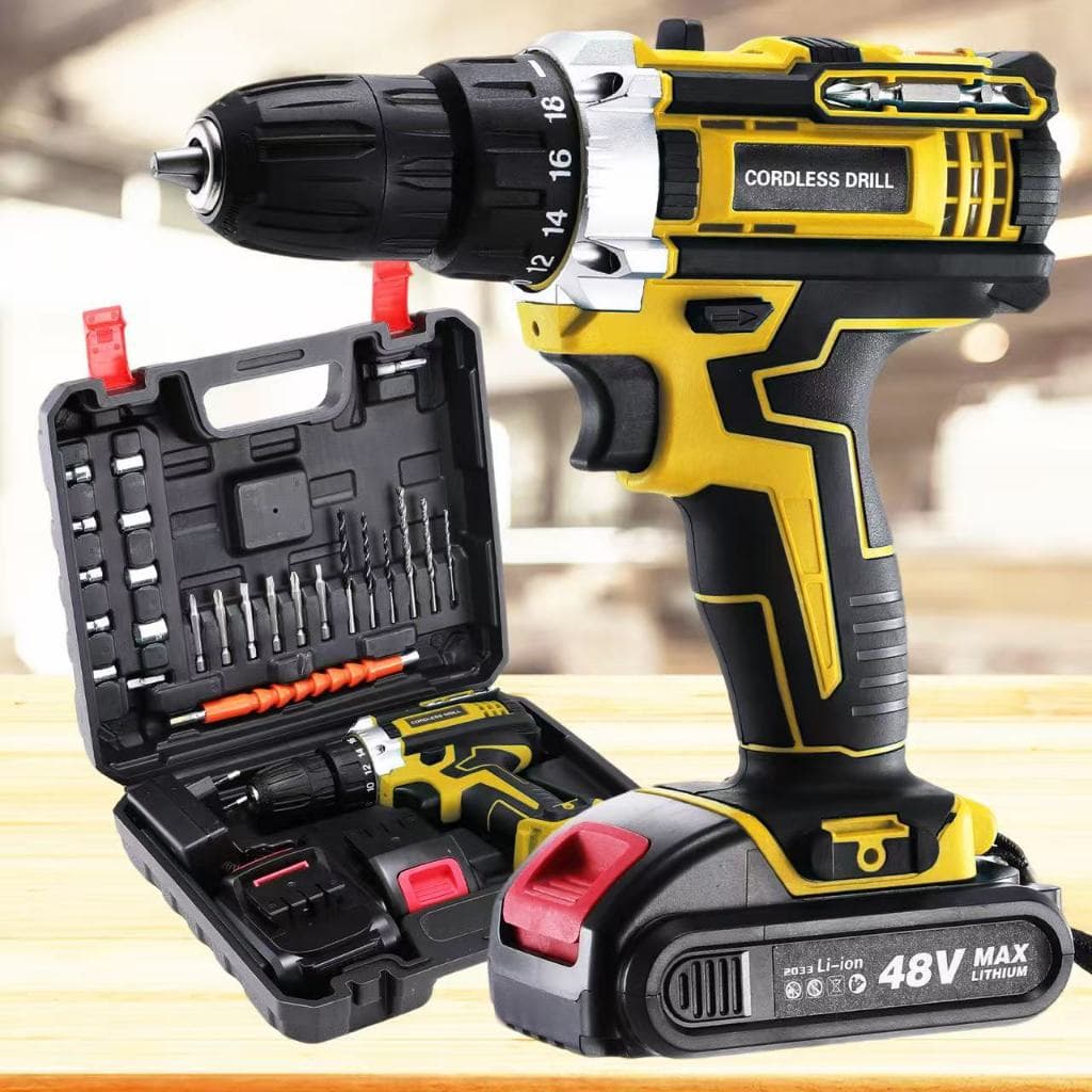 Furadeira e Chave de Fenda Sem Fio 48V - Tensão Dupla, Recarregável com 2 Baterias e Maleta de Transporte - Kit Completo