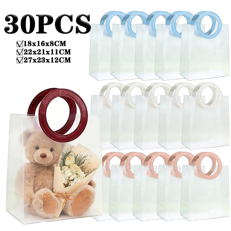 Kit 30 Bolsas Sacola Plástica Transparente Flexível De PVC Alça Redonda Couro Sintético Em Cores Para Presente Brinde