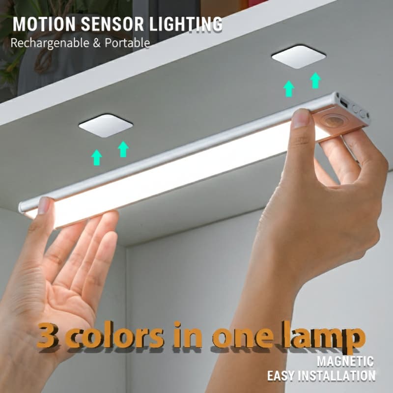 Armário LED Sensor Magnético Sem Fio Luz Recarregável Tipo-C 3 Cores Lâmpada De Guarda-Roupa Presente Para Casa