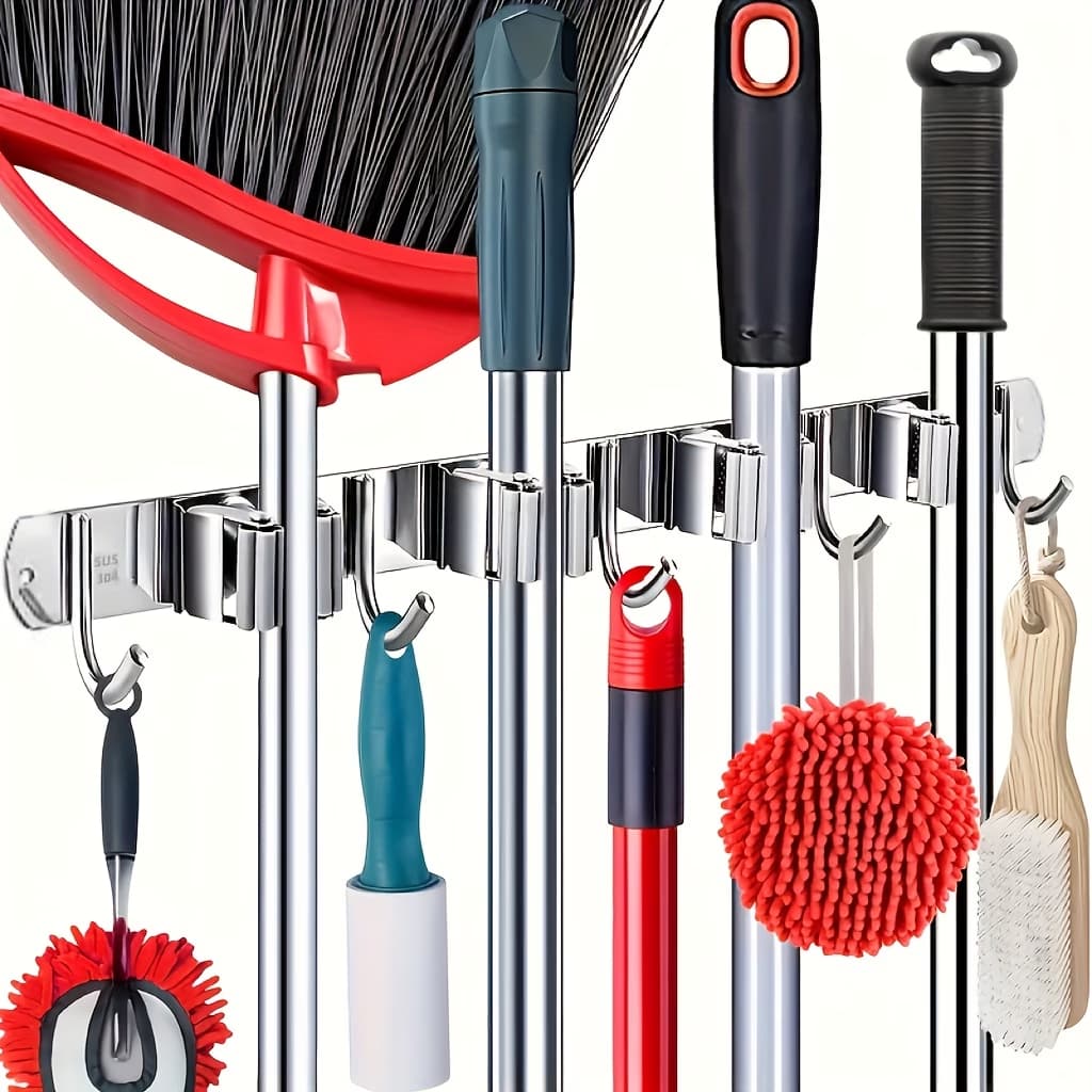 Suporte Inox De Parede 4 ou 5 Ganchos Porta Vassoura Mop Rodo Utensílios de Limpeza