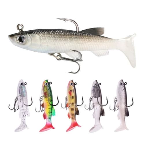 Kit 5 Iscas Artificiais Macias 7,5cm 12g com Anzol Duplo Pesca Robalo Black Bass Tucunaré Traíra