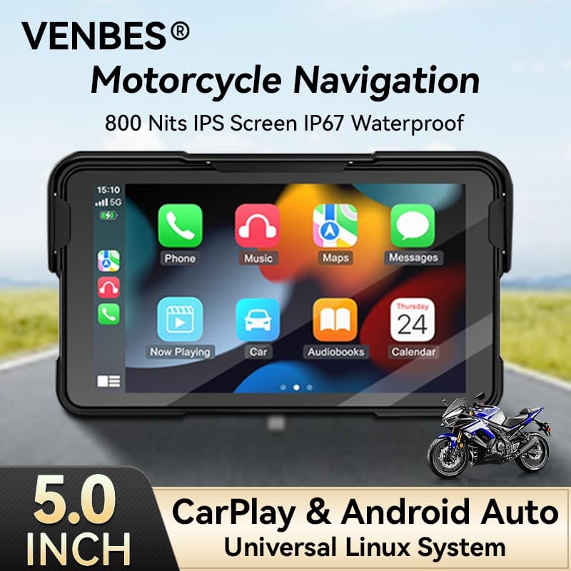 VENBES 5 Polegada Portátil Motocicleta Navegador Sem Fio Carplay Android Auto IP67 À Prova D'água