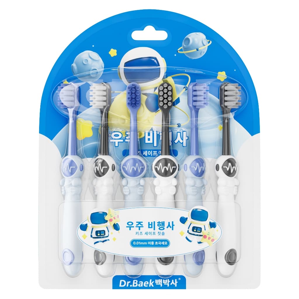 Dr. Baek Space Astronaut Escova de dentes infantil, pacote de 6 peças de 3-12 anos, adequada para limpeza de divisórias 