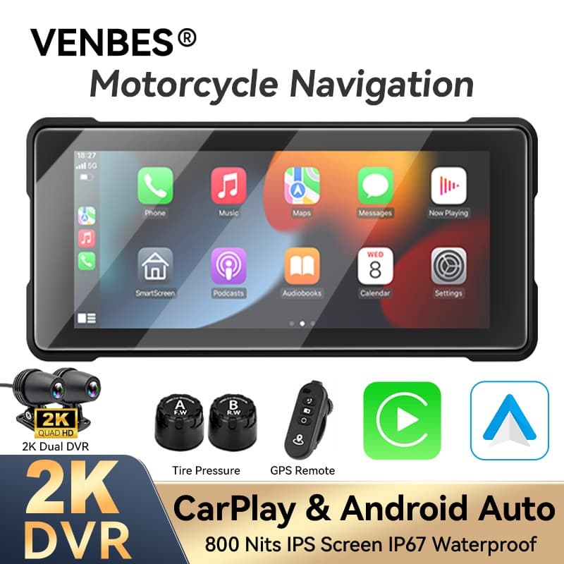 VENBES 6.86 Polegada Navegador De Motocicleta 2K Câmera Dupla Sem Fio CarPlay Android Auto Portátil GPS TPMS