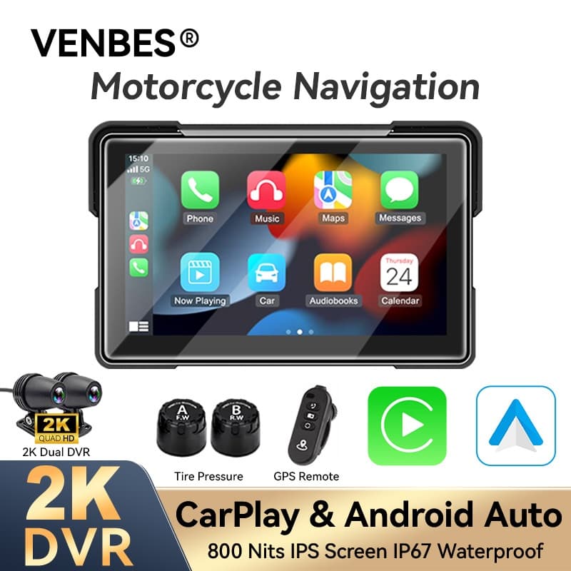 VENBES 7 Polegada Navegador De Motocicleta 2K Câmera Dupla Sem Fio CarPlay Android Auto Portátil GPS TPMS