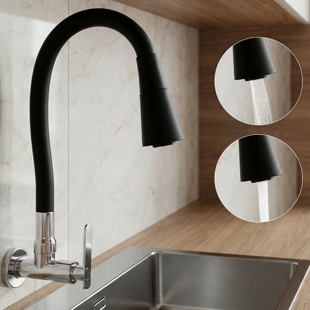 Torneira Fosca De Cozinha De Parede/Pia De Silicone Com 2 Jatos , 1/4 Volta , Cabeça De Chuveiro Preta-Design De Emenda