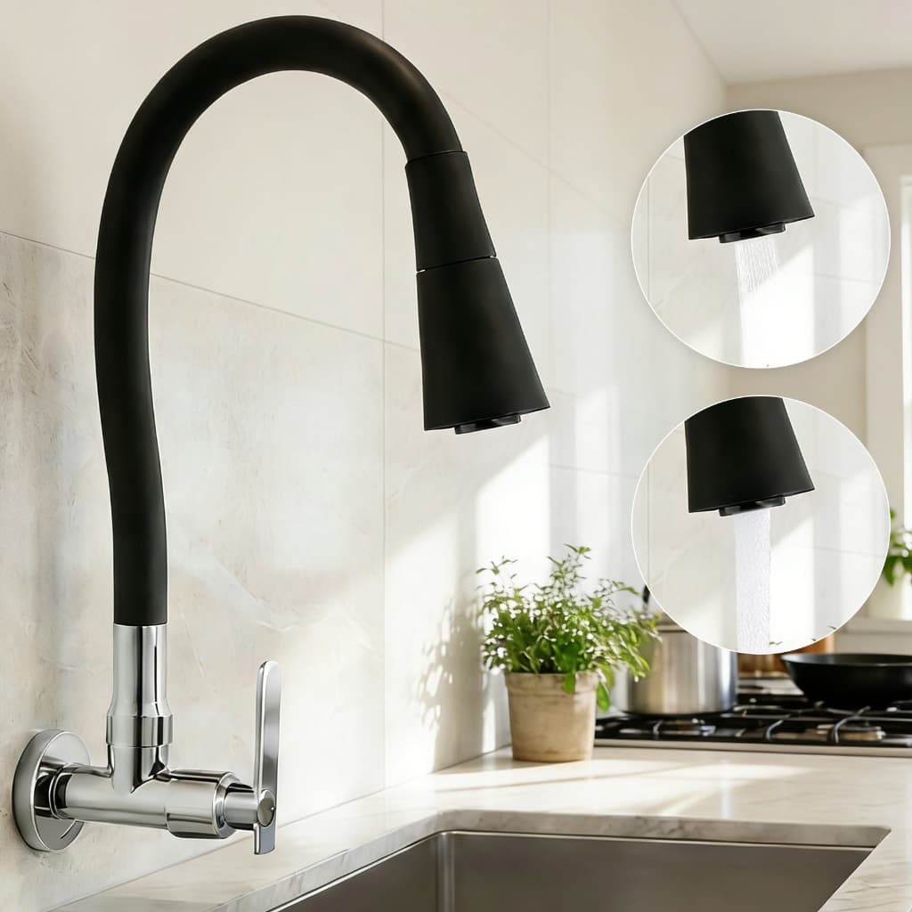 Torneira De Cozinha Parede Preta Flexível Double Jet Cone 1/4 Traseiro