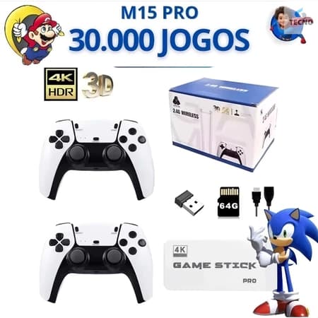 2025 NOVO Vídeo Game Stick M15 Pro 4k 64gb Hdmi Com 2 Controles Se Fio +20mil Jogos